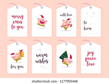 Vector collection of christmas gift tags and badges isolated on light background. Emblems for xmas holiday presents packaging. Pattern, text place, congratulations, new year character design.