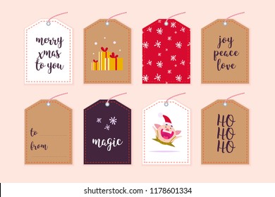 Vector collection of christmas gift tags & badges different shapes isolated on light background. Emblems for xmas holiday present packaging. Pattern, text place, congratulation, new year pig character