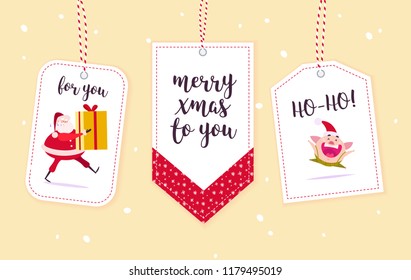 Vector collection of christmas gift tags and badges isolated on light background. Emblems for xmas holiday presents packaging. Pattern, text place, congratulations, new year character design.