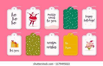 Vector collection of christmas gift tags and badges isolated on pink background. Emblems for xmas holiday presents packaging. Pattern, text place, congratulations, new year character design.