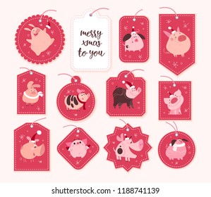 Vector collection of christmas gift tags and badges different shapes isolated on red background. Emblems for xmas holiday presents packaging. New year cute pig characters in santa hat.