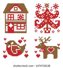 Vector collection of Christmas goods decorations. house, tree, bird, deer