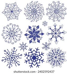 Vector collection christmas handwork dark blue vintage snowflakes isolated on transparent background	
