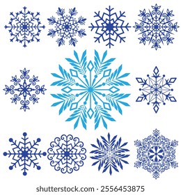 Vector collection christmas handwork dark blue vintage snowflakes isolated on transparent background