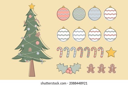 Vector collection of christmas illustrations featuring a tree beautifully decorated with christmas elements