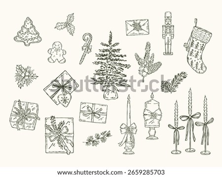 Vector collection of Christmas illustrations including candles, gift boxes, Christmas tree, festive socks, gingerbread cookies, and seasonal decorations. Hand-drawn linear style