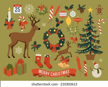 Vector collection of christmas items, elements and decorations featuring deer, christmas tree, gift boxes, candle, mistletoe, wreath, snow man, gingerbread man, candies, pine cones, calendar and more