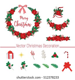 Vector collection of christmas items, elements and decorations poinsettia wreath, gift boxes,Star, Cherry,poinsettia flower