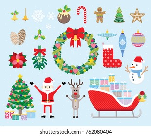 Vector collection of christmas items, elements and decorations featuring Santa, deer, christmas tree, sled, wreath, snow man, ball ball, gingerbread, pudding, pine cone, mistletoe, poinsettia and more