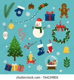 Vector collection of christmas items, elements and decorations. Flat design modern vector illustration concept.