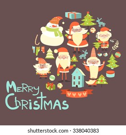 Vector collection of christmas items. Santa Claus, Christmas tree,snowman