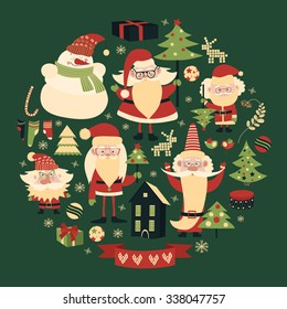 Vector collection of christmas items. Santa Claus, Christmas tree,snowman