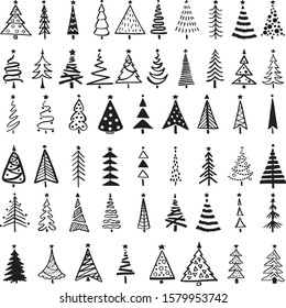 Vector collection of Christmas and New Year trees on a white background. Doodles elements for Christmas greeting cards, cards, banners, wrapping paper. Set for decorating the winter holidays.