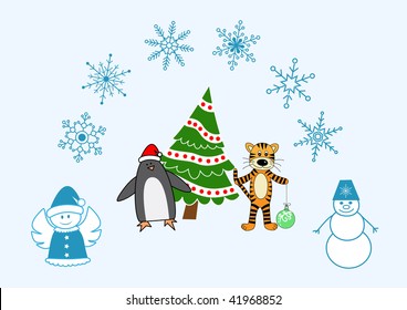 Vector collection of christmas and new year characters and snowflakes
