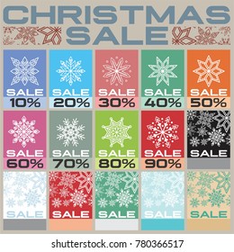 vector collection of Christmas, new year or winter sale  badges with beautiful flakes and percent on colorful background.  great for shopping centers, shopping malls, markets and other organizations.