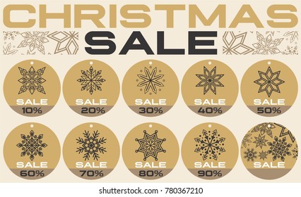 vector collection of Christmas, new year or winter sale badges with beautiful flakes and percent on round background.  great for shopping centers, shopping molls, markets and other organizations.