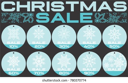 vector collection of Christmas, new year or winter sale badges with beautiful flakes and percent on round background.  great for shopping centers, shopping molls, markets and other organizations.