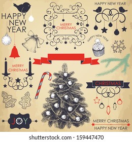 Vector collection of  Christmas and New year's elements and hand drawn engraved illustrations. Vector holiday set on aged background