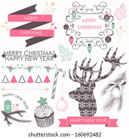 Vector collection of Christmas and New year's elements and hand drawn illustrations. Vector holiday elements.