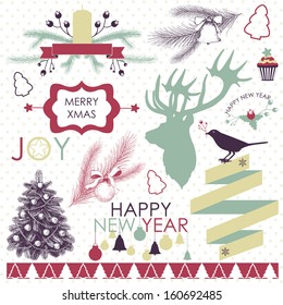 Vector collection of Christmas and New year's elements and hand drawn illustrations. Vector holiday elements.