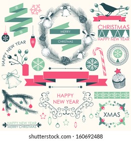 Vector collection of Christmas and New year's elements and hand drawn illustrations. Vector holiday elements.