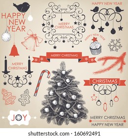 Vector collection of Christmas and New year's elements and hand drawn engraved illustrations. Vector holiday set on aged background