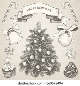 Vector collection of Christmas and New year's  hand drawn engraved illustrations. Vector holiday set on aged background