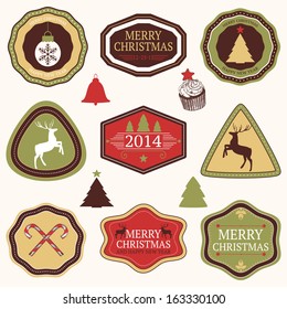 Vector collection of Christmas and New year's stickers with hand drawn illustrations in retro colors.