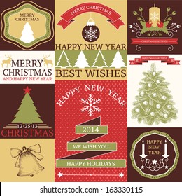 Vector collection of Christmas and New year's stickers and cards with hand drawn illustrations in retro colors.