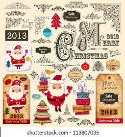 Vector collection of Christmas Ornaments and Decorative Elements: borders, frames, stickers with Santa Claus, Christmas tree