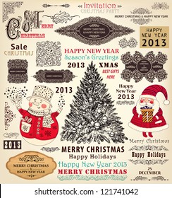 Vector collection of Christmas Ornaments and Decorative Elements: borders, frames, stickers with Santa Claus, Christmas tree