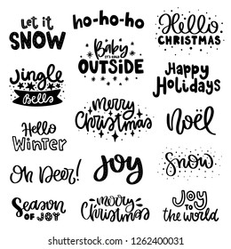Vector collection with Christmas phrases and decor elements. Typography image with lettering. Different black quotes, design for t-shirt and prints.