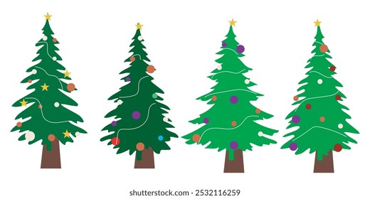 Vector collection of Christmas pine tree elements, Christmas decorations with lights and balls, various decorative lights and decorations with ribbon strings tying the tree. 