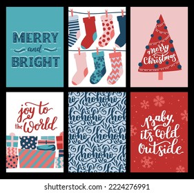Vector collection of Christmas poster templates. New year 2023 set of christmas greeting cards. Bright colors. presents and hand written lettering for your invitation and design.