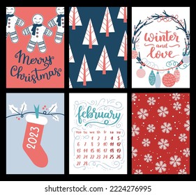 Vector collection of Christmas poster templates. New year 2023 set of christmas greeting cards. Bright colors. presents and hand written lettering for your invitation and design.