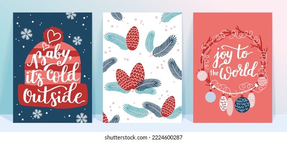 Vector collection of Christmas poster templates. New year 2023 set of christmas greeting cards. Bright colors. presents and hand written lettering for your invitation and design.