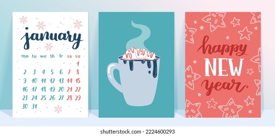 Vector collection of Christmas poster templates. New year 2023 set of christmas greeting cards. Bright colors. presents and hand written lettering for your invitation and design.