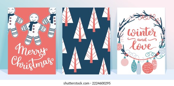 Colección vectorial de plantillas de afiches de Navidad. Nuevo año 2023 juego de tarjetas de felicitación de navidad. Colores brillantes. regalos y letras escritas a mano para tu invitación y diseño.