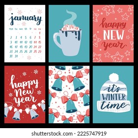 Vector collection of Christmas poster templates. New year 2023 set of christmas greeting cards. Bright colors. presents and hand written lettering for your invitation and design.