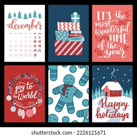 Vector collection of Christmas poster templates. New year 2023 set of christmas greeting cards. Bright colors. presents and hand written lettering for your invitation and design.