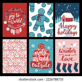 Colección vectorial de plantillas de afiches de Navidad. Nuevo año 2023 juego de tarjetas de felicitación de navidad. Colores brillantes. regalos y letras escritas a mano para tu invitación y diseño.