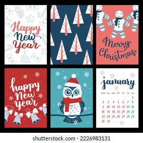 Vector collection of Christmas poster templates. New year 2023 set of christmas greeting cards. Bright colors. presents and hand written lettering for your invitation and design.