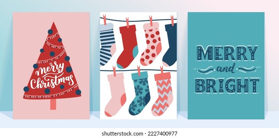 Vector collection of Christmas poster templates. New year 2023 set of christmas greeting cards. Bright colors. presents and hand written lettering for your invitation and design.