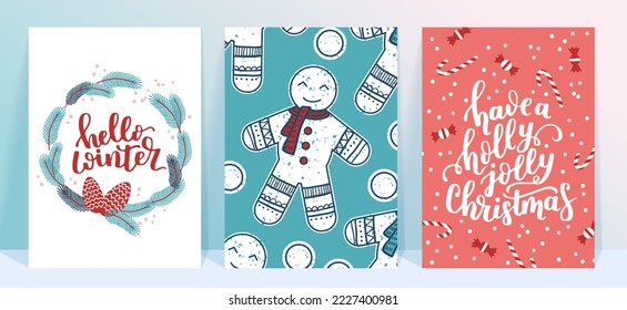 Vector collection of Christmas poster templates. New year 2023 set of christmas greeting cards. Bright colors. presents and hand written lettering for your invitation and design.