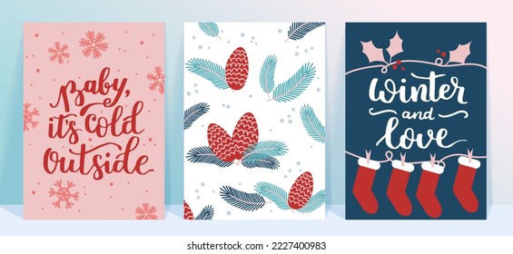 Vector collection of Christmas poster templates. New year 2023 set of christmas greeting cards. Bright colors. presents and hand written lettering for your invitation and design.