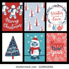 Vector collection of Christmas poster templates. New year 2023 set of christmas greeting cards. Bright colors. presents and hand written lettering for your invitation and design.