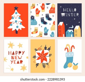 Vector collection of Christmas poster templates. New year 2023 set of christmas greeting cards. Bright colors. presents and hand written lettering for your invitation and design.