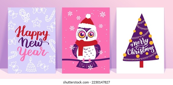 Vector collection of Christmas poster templates. New year 2023 set of christmas greeting cards. Bright colors. presents and hand written lettering for your invitation and design.