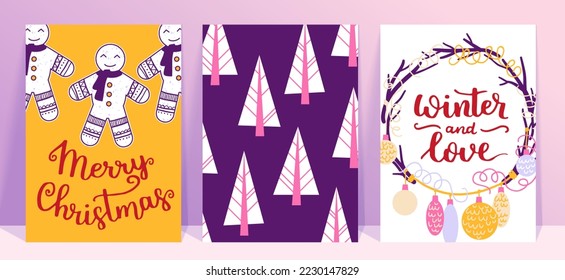 Colección vectorial de plantillas de afiches de Navidad. Nuevo año 2023 juego de tarjetas de felicitación de navidad. Colores brillantes. regalos y letras escritas a mano para tu invitación y diseño.
