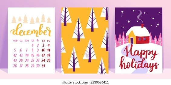 Colección vectorial de plantillas de afiches de Navidad. Nuevo año 2023 juego de tarjetas de felicitación de navidad. Colores brillantes. regalos y letras escritas a mano para tu invitación y diseño.